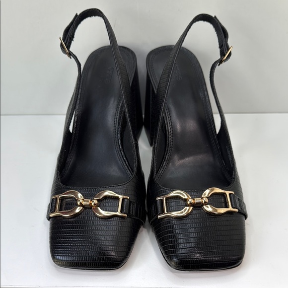 Elegant ASOS Square-toe Slingback Block Heels with Gold Buckle & Lizard Print - Picture 1 of 15